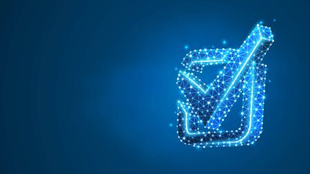 A checkmark in the square box. Success, business agreement, ok sign, approval concept. Abstract digital wireframe, low poly mesh, polygonal vector blue neon 3d illustration. Line dotのイラスト素材