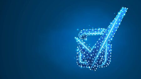 A checkmark in the square box. Success, business agreement, ok sign, approval concept. Abstract digital wireframe, low poly mesh, polygonal vector blue neon 3d illustration. Line dotのイラスト素材