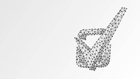 A checkmark in the square box. Abstract digital wireframe, low poly mesh, polygonal vector white origami 3d illustration. Success, business agreement, ok sign, approval concept. Line dotのイラスト素材