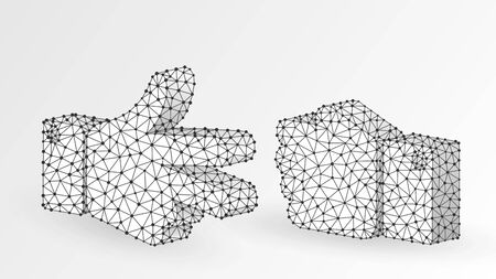 Stone versus Scissors hand gesture. Abstract digital wireframe, low poly mesh, polygonal vector white origami 3d illustration. Rock, Paper, Scissors game. Choice or conflict solution concept. Line dotのイラスト素材