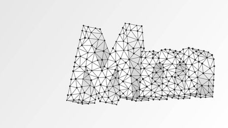 Alphabet letter M. Abstract digital wireframe, low poly mesh, vector white origami 3d illustration. Design of an Uppercase and lowercase letters. Metro M sign. Template, pattern. Triangle, line, dotのイラスト素材