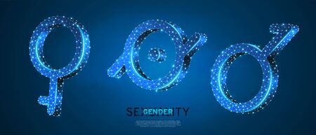 Demigirl, Demiboy, Epicene symbols set. Wireframe 3d vector illustration. Low poly, non-binary, hermaphrodite, bisexual people rights concept on blue neon background. Abstract polygonal LGBT signのイラスト素材