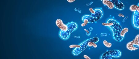 Bacteria probiotics. Digestion flora of humans. Medical allergy and immunity treatment concept. Abstract polygonal image on blue neon background. Low poly, wireframe digital 3d vector illustrationのイラスト素材