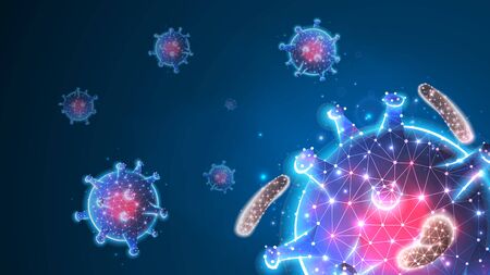 Virus cell. Immunology, new strain epidemic, infection pathogen concept. Abstract polygonal image on blue neon background. Low poly, wireframe, digital 3d vector illustrationのイラスト素材