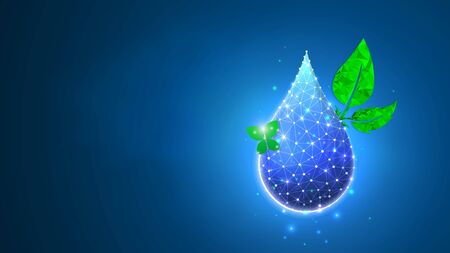 Water Drop, clean droplet of water with butterfly and a leaf. Green planet concept. Abstract polygonal image on blue neon background. Low poly, wireframe digital 3d vector illustrationのイラスト素材