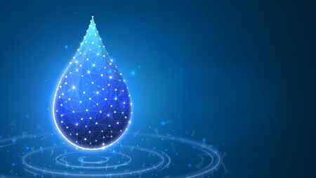 Water Drop, clean droplet of water with lines. Liquid concept. Abstract polygonal image on blue neon background. Low poly, wireframe digital 3d vector illustrationのイラスト素材