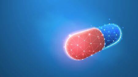 Medical capsule. Antibiotic or probiotic pill, illness treatment or prophylactic. Low poly, wireframe 3d vector illustration. Abstract polygonal image on blue neon backgroundのイラスト素材