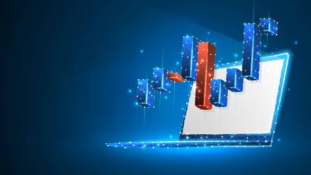 Stock market chart on white laptop screen. Growing financial index. Low poly, wireframe 3d vector...