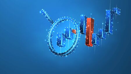 Magnifying glass on the Stock market chart. Growing financial index analysis. Low poly, wireframe 3d...
