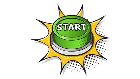 Green Start button expression text on a Comic bubble with halftone. Vector illustration of a bright...