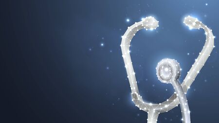 Stethoscope. Cardiologist tool for heartbeat monitoring, Diagnostic equipment, Hospital service design. Low poly, wireframe 3d vector illustration. Abstract polygonal image on dark blue backgroundのイラスト素材