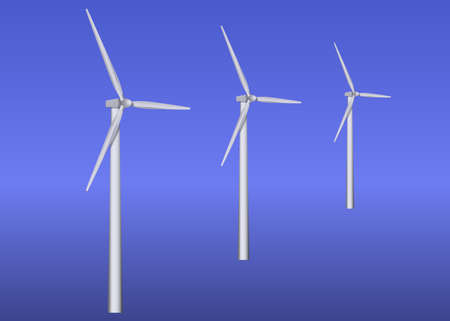 Three realistic wind turbines illustration on blue backgroundのイラスト素材