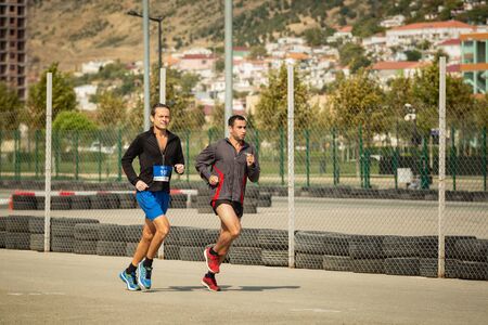 Triathlon competition in Baku. Athletes running on distance.