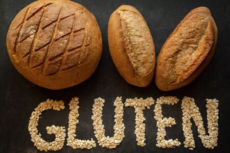 Bread with gluten not suitable for people with allergy. Special organic bread with gluten for breakfast. Healthy lifestyle.の写真素材