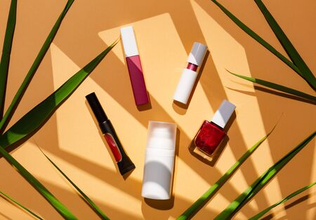 Cosmetics set for traveller on summer trip, advice from blogger which brand to use. Decorative cosmetic for healthy skin.の写真素材