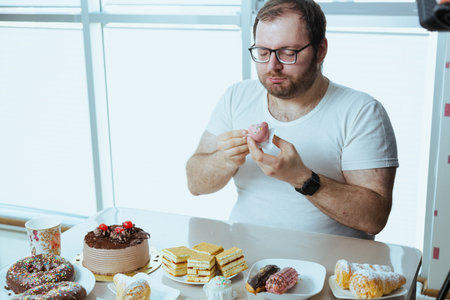 A man eating dessert in front of a table full of sweet foodの写真素材