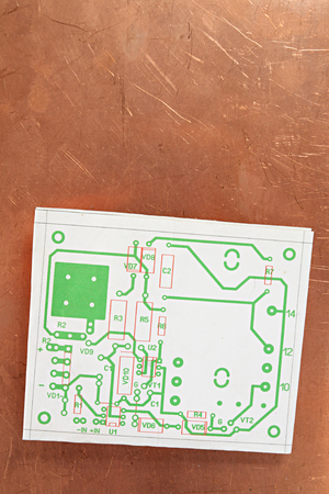 Drawing of electronic board on copper background from metal-clad glass textoliteの写真素材