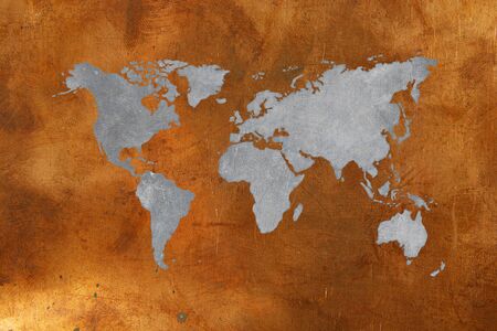 World map on bronze background. Copper and gray metallic colorの写真素材