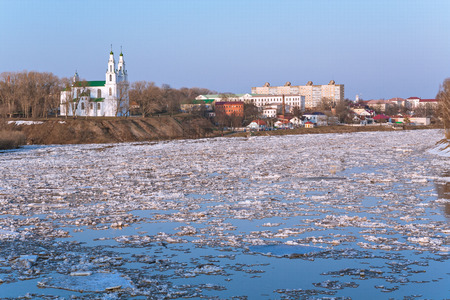 Floating of ice on the river Zapadnaya Dvina in Polotsk, Belarusの写真素材