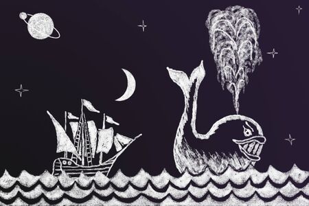 Funny chalk drawing on blackboard with sailing ship and whale 2の写真素材