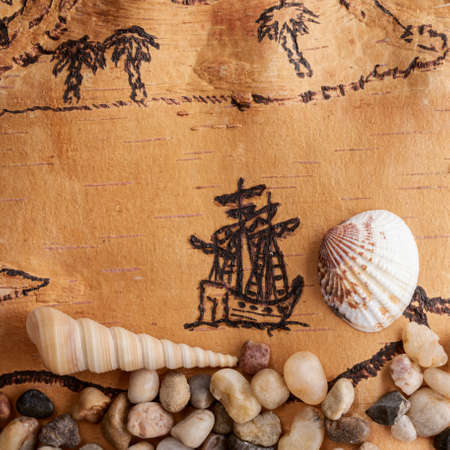 Island on a sea chart with illustration of a sailing ship to order of antiquities on birch bark