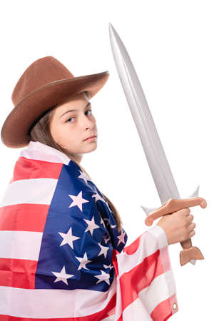 Memorial day concept, attractive girl with american flag and sword. Isolated on whiteの写真素材