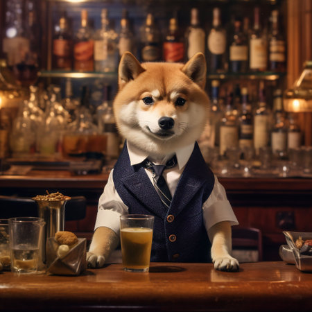 Shiba inu dog in a suit on a bar background.の写真素材