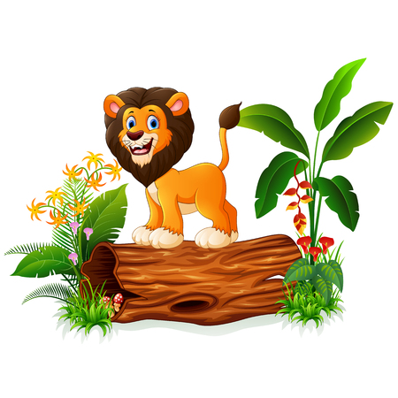 Cartoon lion posing on tree trunkのイラスト素材