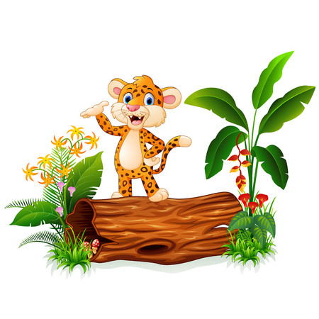 Cartoon baby cheetah presenting on tree trunkのイラスト素材