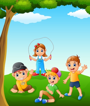 Happy kid playing on the fieldのイラスト素材