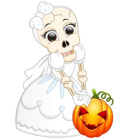 Skull bride holding pumpkin cartoonのイラスト素材