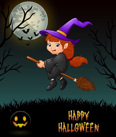 Cute little witch flying riding on broom in night backgroundのイラスト素材
