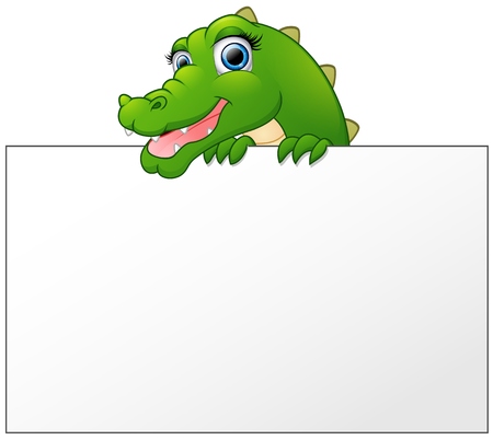 Cartoon Crocodile holding and looking over a blank sign boardのイラスト素材