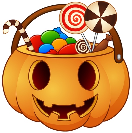 Halloween pumpkin basket with full of candiesのイラスト素材