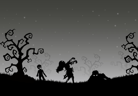 Halloween night background with zombies in the grassのイラスト素材
