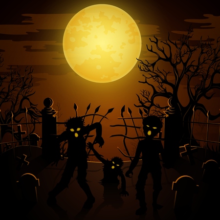 Halloween background with zombies, tombstones and the moon on the cemeteryのイラスト素材