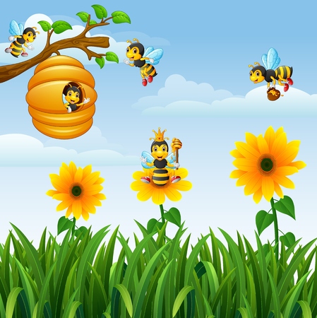 Vector illustration of Bees flying around the beehive in the gardenのイラスト素材