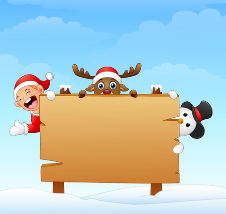 Vector illustration of Christmas elf and snowman and reindeer with blank wooden signのイラスト素材