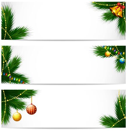 Vector illustration of Christmas banners with pine tree branch, balls and golden bells and light bulbsのイラスト素材
