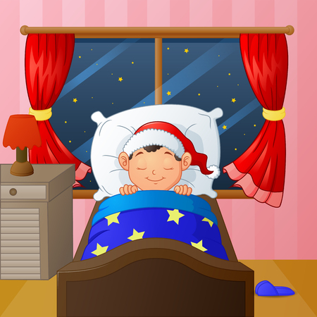 Little boy sleeping in bedroom at nightのイラスト素材