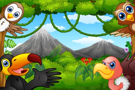 Wild birds cartoon with a mountain in a forestのイラスト素材