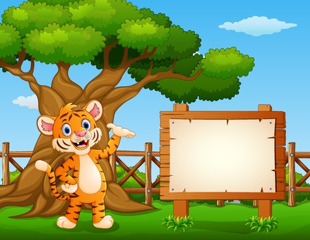 Animal tiger beside the empty sign board inside the fenceのイラスト素材