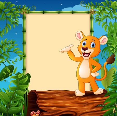 Cartoon lion standing on hollow log near the empty framed signboardのイラスト素材