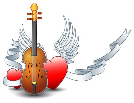 Vector illustration of Acoustic guitar with winged heart and silver ribbonのイラスト素材