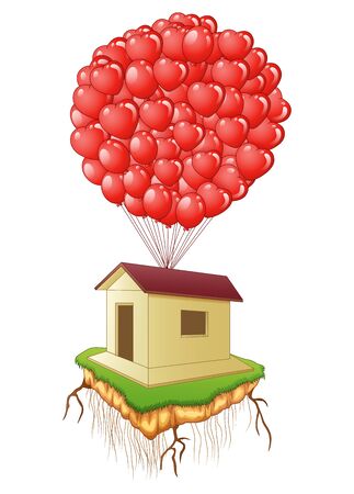 Vector illustration of Cute flying house with red heart balloonsのイラスト素材