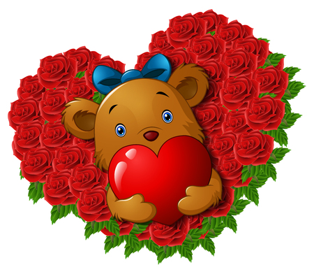 Vector illustration of Cute teddy bear holding red heart in roses flower shape heartのイラスト素材