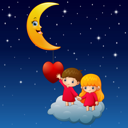 Vector illustration of Cartoon children on the cloud with a heart and moonのイラスト素材