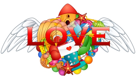 Cartoon hand drawn doodles love heart with angel wingsのイラスト素材