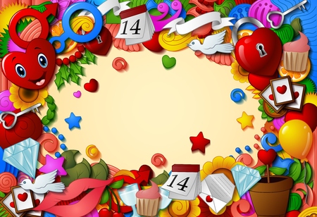 Cartoon hand drawn doodles happy valentines day frameのイラスト素材