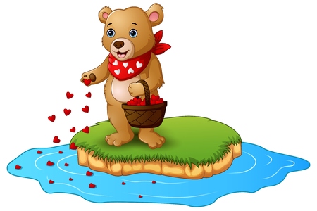 Greeting card teddy bear cartoon with a basket of red heart in an islandのイラスト素材